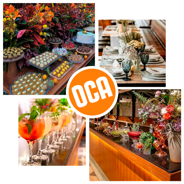 Apresentação de comidas e bebidas de um buffet.